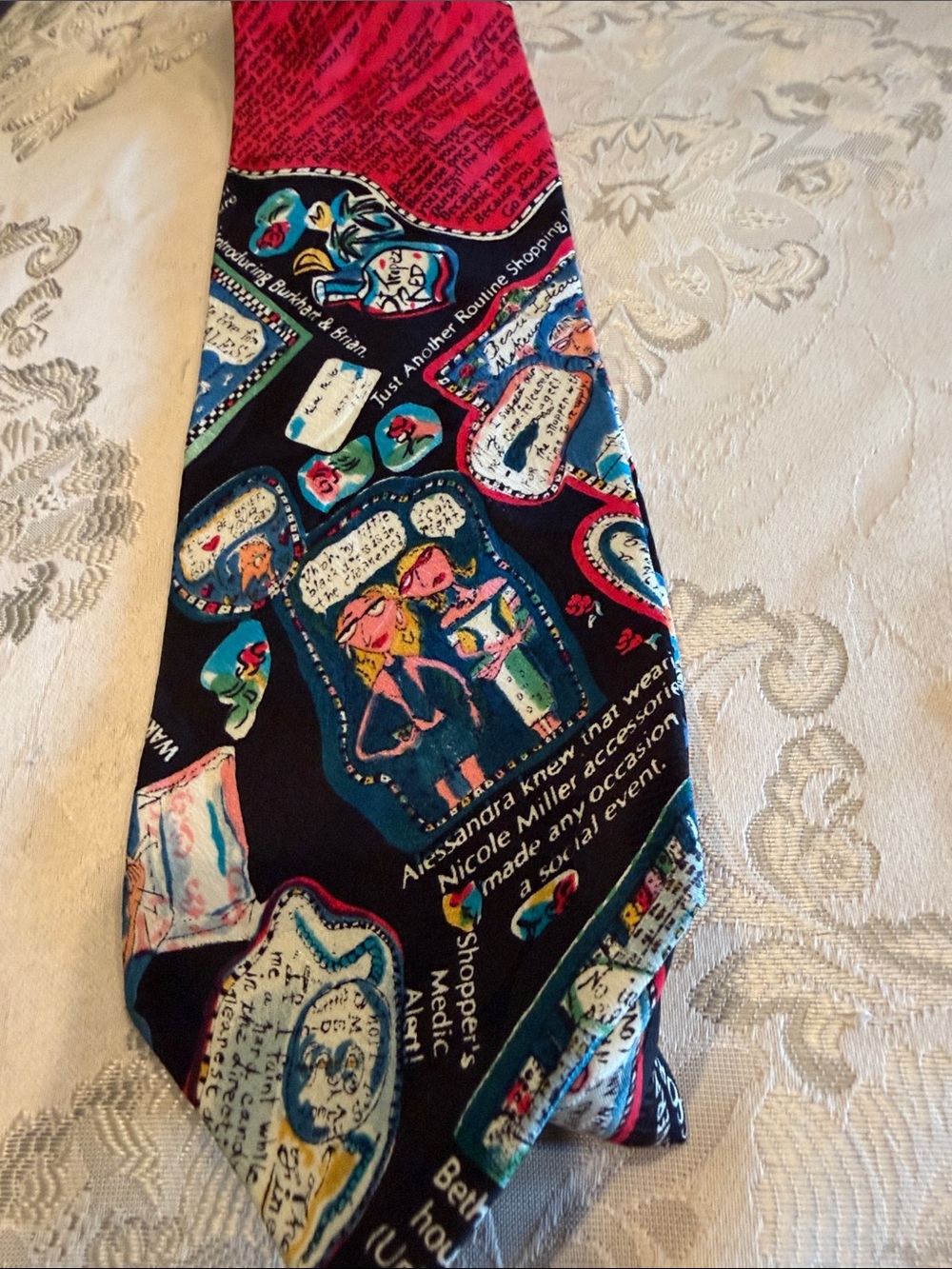 Nicole Miller Black Tie with Red and Blue Novelty Print